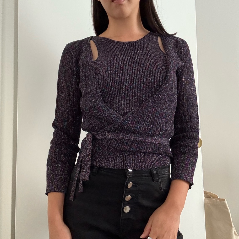 Ganni Sparkle Ribbed Wrap Top